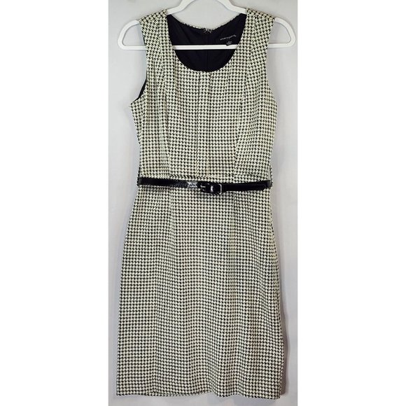 Sharagano Dress Womens 4 Black White Houndstooth Classic Belted Knee Length - Picture 1 of 13